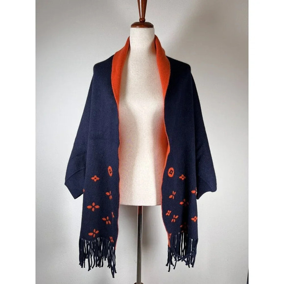 Women's Shall Scarf Cardigan Mink Fur Silk Blend Patterned Blue Orange Oversized - Picture 1 of 8